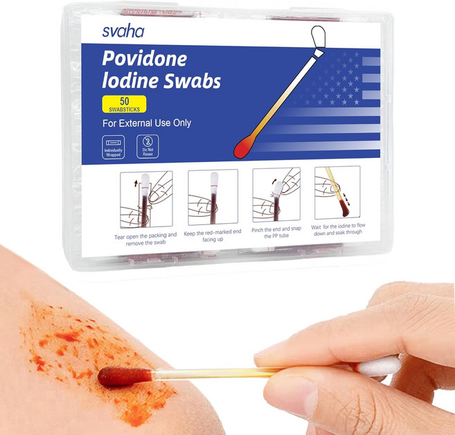 포비돈 요오드 면봉 50개 스냅 릴리스 용액으로 개별 포장 응급 처치 키트용 피부 준비 및 PP 보관 케이스 포함 관리, 50 Count
