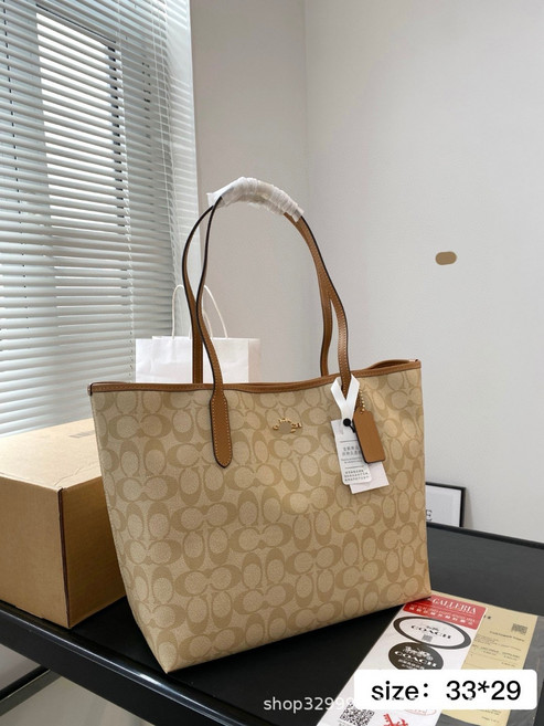 蔻c家 city33 托特包 購物袋 磁扣 大容量 印花 手提單肩女包, 奶茶色