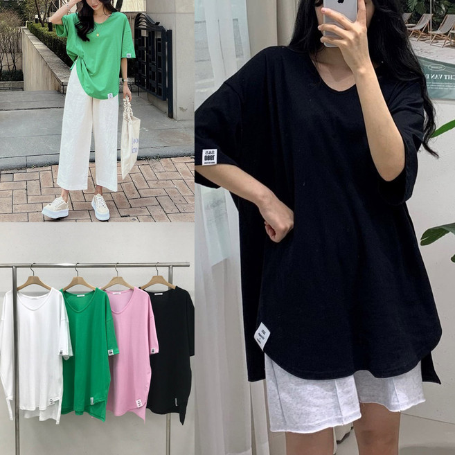 여성 빅사이즈 에스텍 언발 박시 롱 티셔츠 픽션 유넥 라벨 루즈핏 반팔티