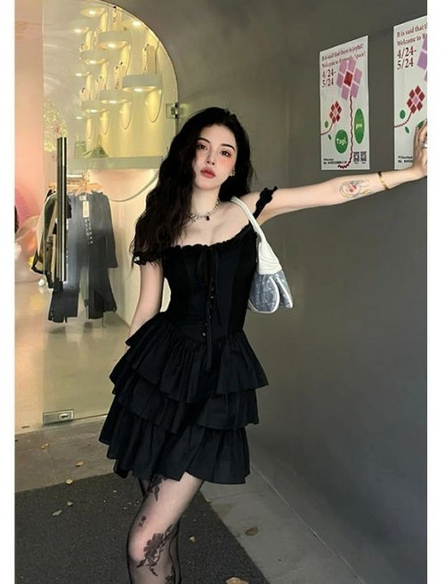 小黑裙 短袖連衣裙 短袖洋裝 仙女裙 黑色洋装 法式洋装 晚禮服 赫本風黑色吊帶連衣裙夏季性感小個子收腰短裙, 2xl,黑色