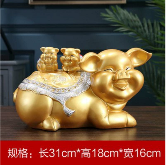 행운의 풍수장식소품 선물용 황금돼지 저금통 복돼지 파랑색 황금색, 금색 모자와 새끼돼지