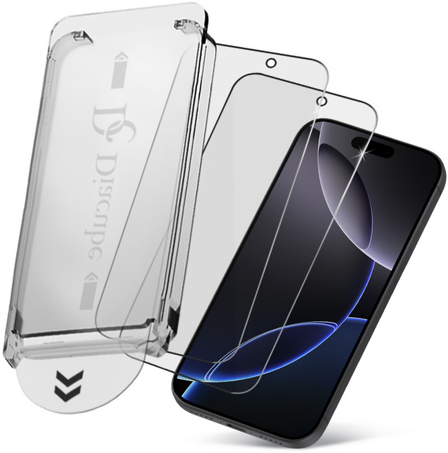 다이아큐브 아이폰16프로 9H 강화유리 초간단 원터치 먼지완벽제거 셀프 부착 키트 (저지문/풀커버/케이스 호환) 액정보호필름 2P, 2개