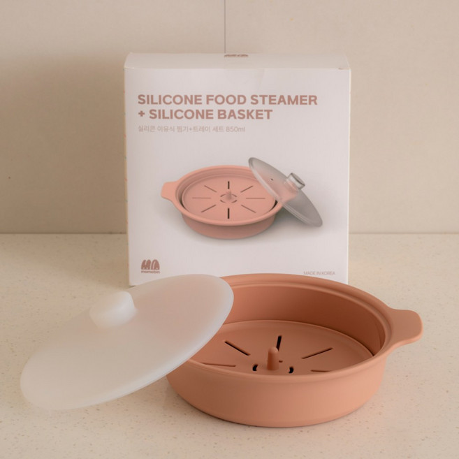 모모빈 실리콘 이유식 찜기 트레이 세트 850ml 전자레인지 용기 물빠짐, 테라코타 로즈, 1개, 찜기 + 실리콘 트레이