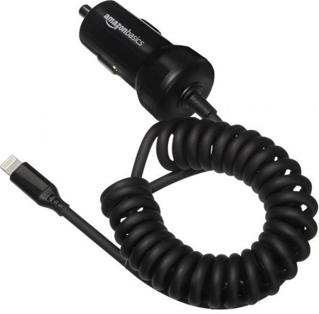 Amazon Basics 코일 라이트닝 케이블이 있는 아마존 베이직 12W 5V 2.4A 고속 자동차 충전기 아이폰 아이패드 애플 디바이스용 MFi 인증 1.5피트 블랙, 1.5 Feet, Coiled