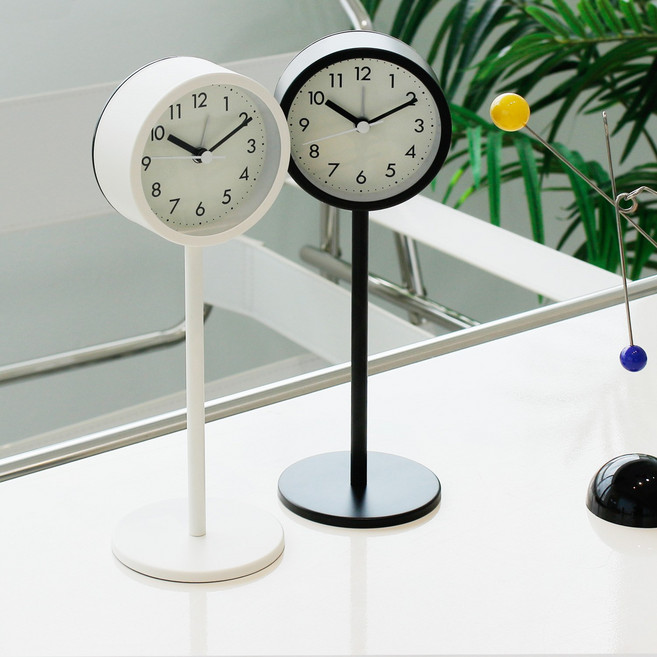 미니 스탠드 알람 탁상시계-원형 저소음 아날로그, 아이보리