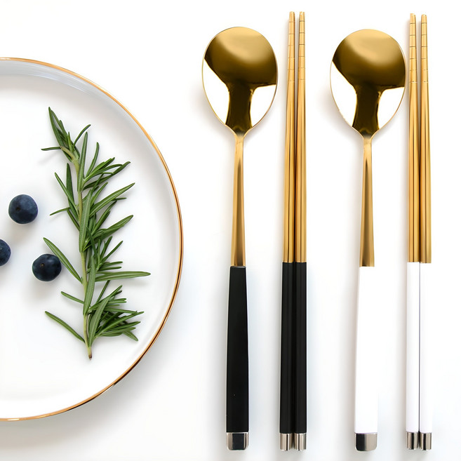 프렌치블랑 2인 수저세트, 블랙골드 + 화이트골드, 블랙(숟가락 + 젓가락) + 화이트(숟가락 + 젓가락), 1세트