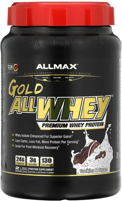 올맥스 Gold ALLWHEY 100% 프리미엄 유청 단백질 쿠키 크림 907g(32oz), 쿠키&크림, 907g - 쿠팡