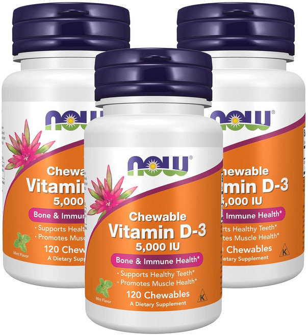 나우푸드 비타민 D-3 5000IU 내추럴 민트 츄어블, 120정, 3개