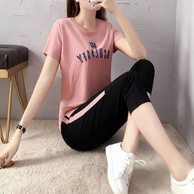 중년여성 운동복세트 레터링 반팔티 7부팬츠 투피스 여름 얇은 시원한 엄마복 캐주얼세트 트레이닝복 빅사이즈