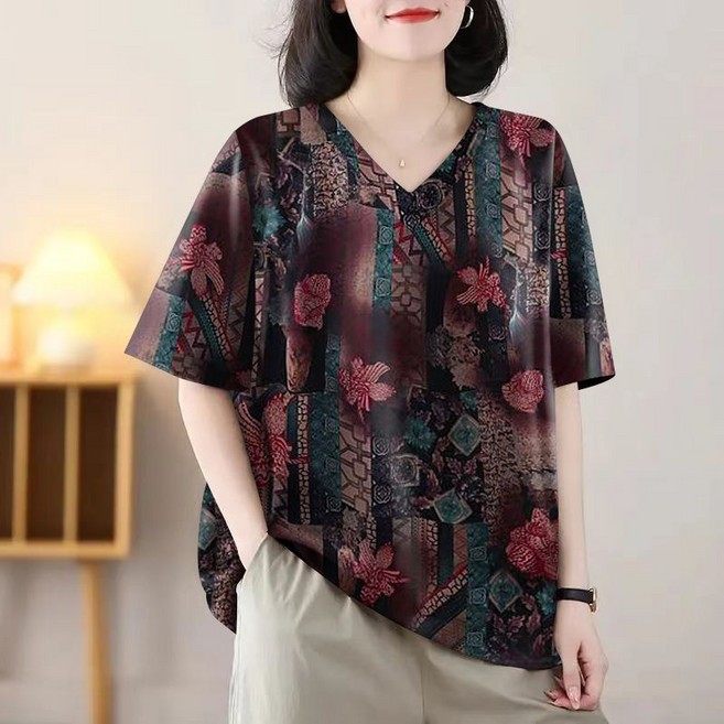 메인워크 중년 여성 빅사이즈 브이넥 반팔티셔츠 여름 엄마룩 스판 루즈핏 프린트 냉장고 기질 패션 오버핏 하객룩 아우터 상의