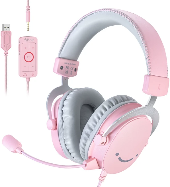 7.1 서라운드 사운드/3.5mm 잭/마이크가 포함된 FIFINE USB 게임용 헤드셋 PC PS4/5 Xbox Ampligame H9W용, 02 핑크