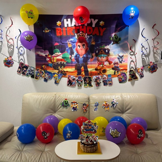 브롤스타즈 생일파티세트 케이크 장식 가랜드 브롤 가랜더 어린이 홈파티 용품 초등학생 생일파티 장식, 1통, 브롤생일파티 셋트