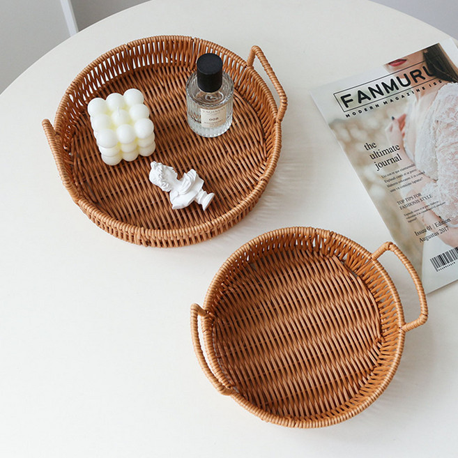 하우쏠 손잡이 간식 트레이 라탄 바구니, 1개, 브라운