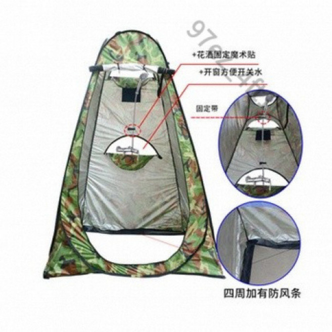戶外行動淋浴帳篷 簡易更衣帳 露營衛浴帳篷 隔音帳篷, 三窗塗銀軍綠迷彩洗澡款,單人, 1個