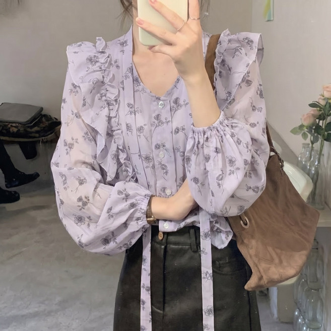 여성 여자 플라워 프릴 타이 리본 블라우스 셔츠 상의