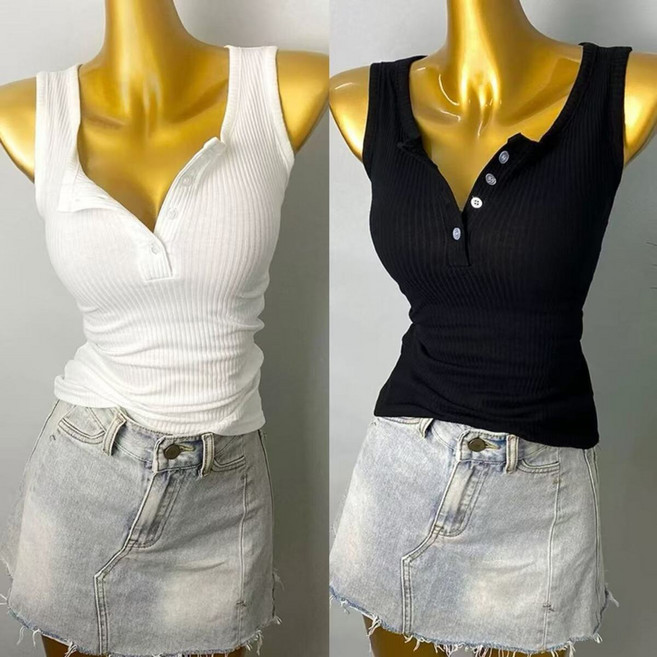 jieve 여성용 슬림핏 민소매 티셔츠 여름용 면 넥 버튼 장식 탱크탑 SZ120473