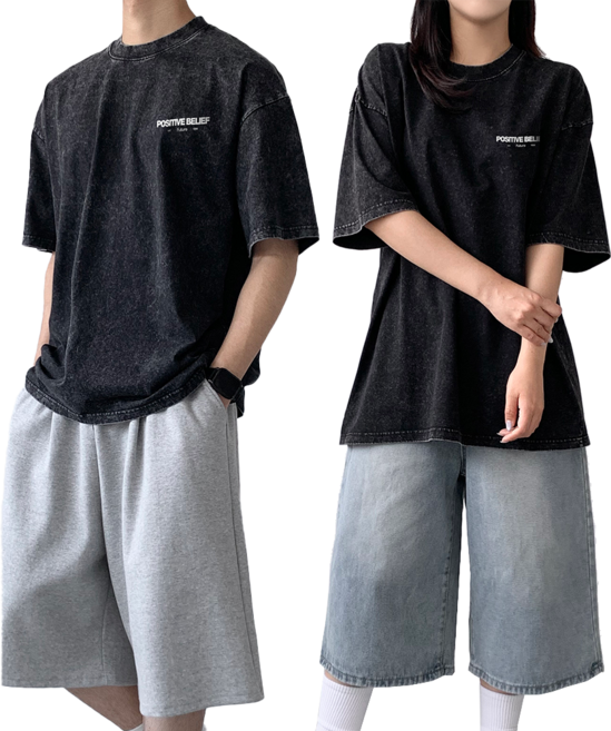 하바우 남녀공용 포지티브 프린팅 고중량 피그먼트 나염 오버핏 빅사이즈 면 반팔티