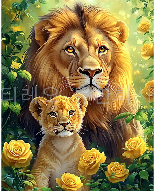 DIY 보석십자수 세트 40x50cm 돈들어오는 보석 비즈 십자수 대형 큐빅 십자수 DIY 비즈공예 (액자 없음), 1개, 사자 장미꽃