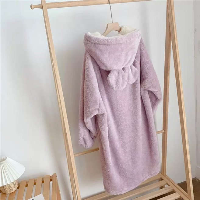 紫色超柔軟小熊珊瑚絨睡袍 舒適保暖居家服