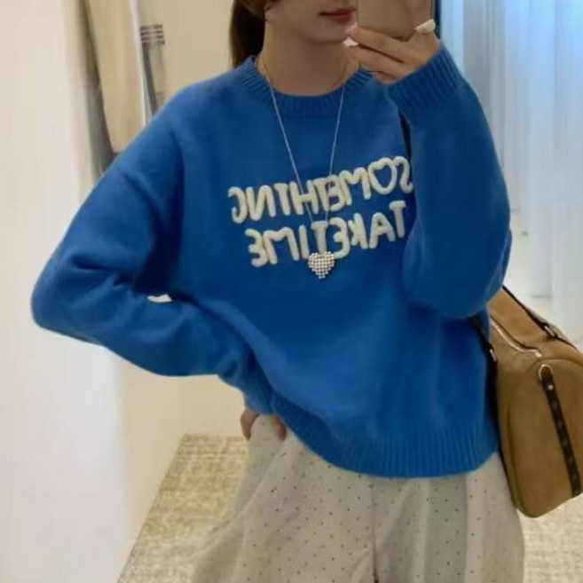 마이쏭 여성 세미크롭 프리티썸띵레터링라운드니트