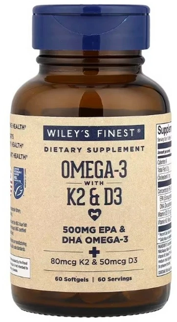 Wiley's Finest 오메가3 K2 및 D3 함유 소프트젤 60정 Finest (윌리스 파이니스트), Wiley's Finest, 오메가3 K2 및 D3 함, 1개 - 쿠팡