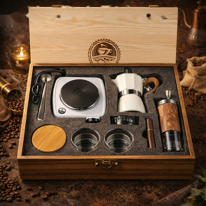 모카포트 선물세트 커피 그라인더 풀세트 2컵 스토브 전기쿡탑, 원목 선물 상자 이중 밸브 주전자 10종 세트, 1개, 1000ml
