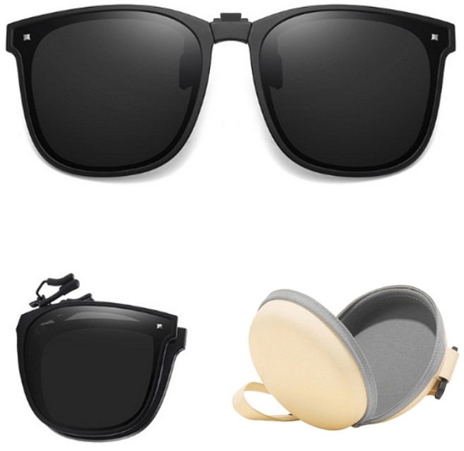 안경위에 쓰는 선글라스 접이식 편광 클립 온 썬글라스 + 전용 파우치, 클립온-블랙, 1개