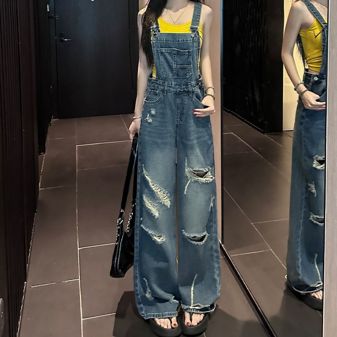 여성바지 멜빵바지 여름 데님 서스펜더 팬츠 디스트로이드 와이드레그 캐주얼 데일리 롱팬츠 ZBW26033011 50
