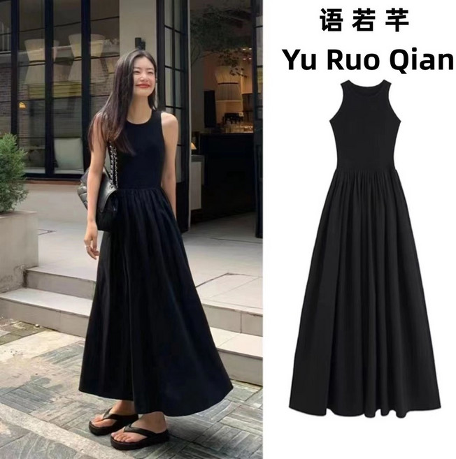 赫本風背心無袖黑色連衣裙女夏季新款氣質長裙, 黑色,XL 55-60公斤