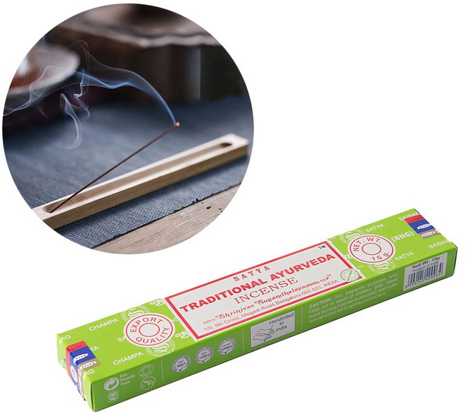 사티아 나그참파 인센스 스틱 15g 트래디셔널 아유르베다 + 우드 인센스 홀더, 15g 3개, 우드 (뱀부 플레인 홀더), Traditional Ayurveda
