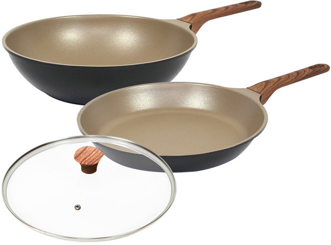 셰프리아 이지데이 모카블랙 프라이팬 2종 + 유리뚜껑 세트, 프라이팬+궁중팬+유리 28cm 세트, 1세트