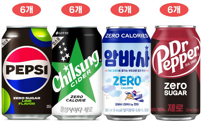 제로뚱캔 4종세트[펩시콜라+칠성사이다+암바사+닥터페퍼], 24개, 345ml