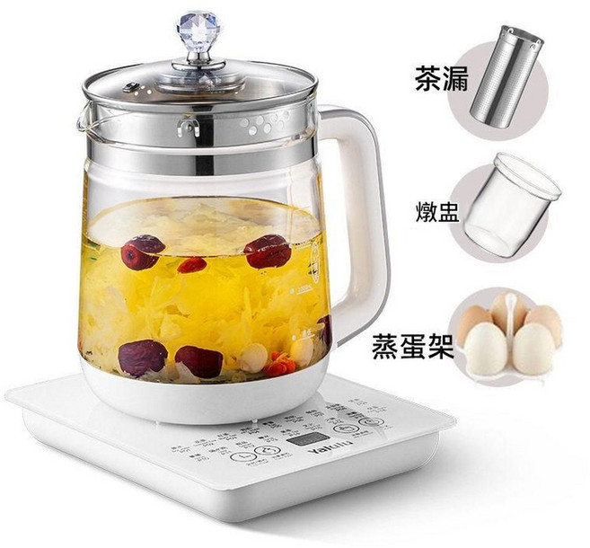 Yalou 多功能養生壺 1.8L 高硼矽玻璃, 110V美規插頭養生壺茶漏燉盅蒸蛋架 臺灣適用, 1個, 15L