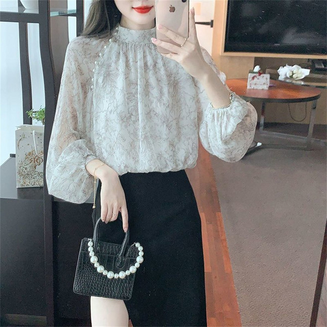 TKX 여성 봄 가을 고급스러운 꽃무늬 긴팔 블라우스 여성스러운 매력적인