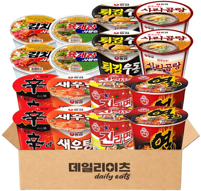 데일리이츠 컵라면 큰사발&사발면 8종류 총 16개입 (육사발 김치사발 신라면 새우탕 튀김우동 사리곰탕 진라면매운맛 열라면), 1박스