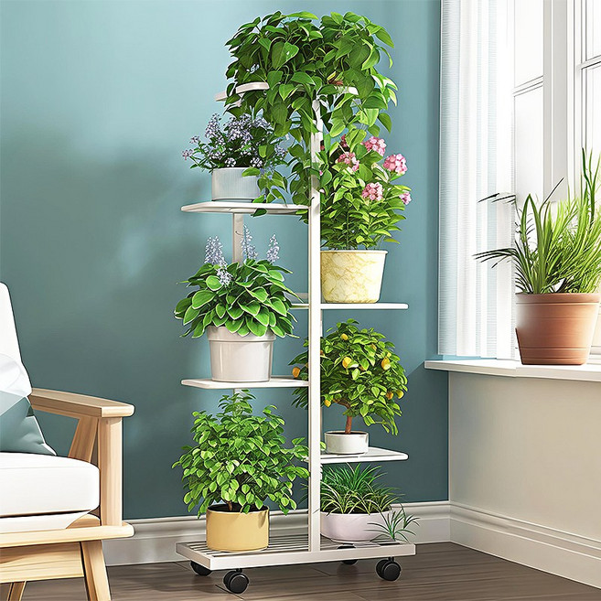 방일 이동식 다층 계단식 다용도 화분선반대, 6단, 흰색