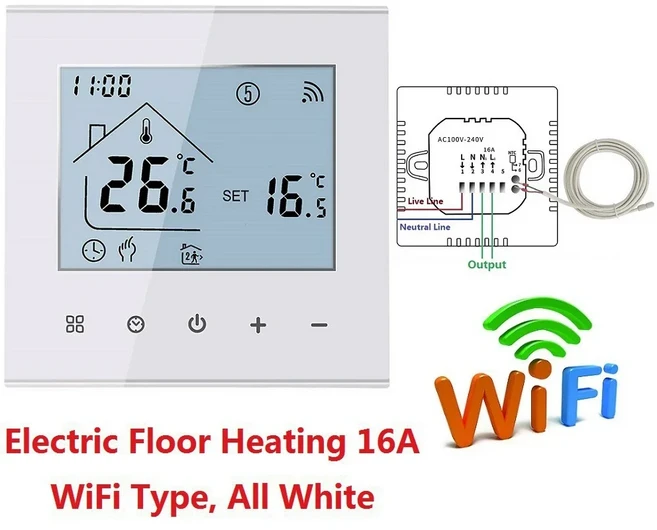 M4A 투야 스마트 온도 조절기 물 및 전기 바닥 난방용 Wi-Fi 옵션 알렉사 구글 홈 터치 디스플레이 통한 음, 04 GB-16A WIFI-W