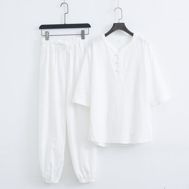 남자 모시옷 평상복 계량 반팔 세트 홈웨어 잠옷 파자마 면 린넨 01.흰색 정장 S