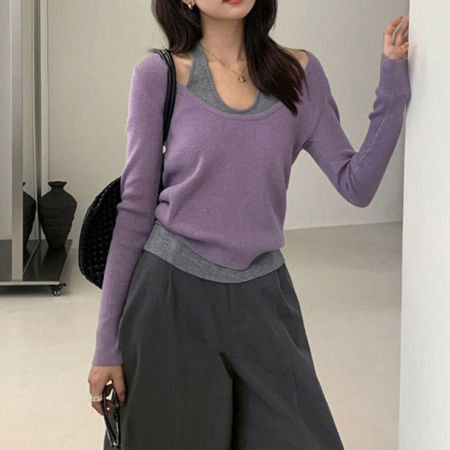 에스라이프 여리섹시한 일체형 레이어링 홀터넥 니트