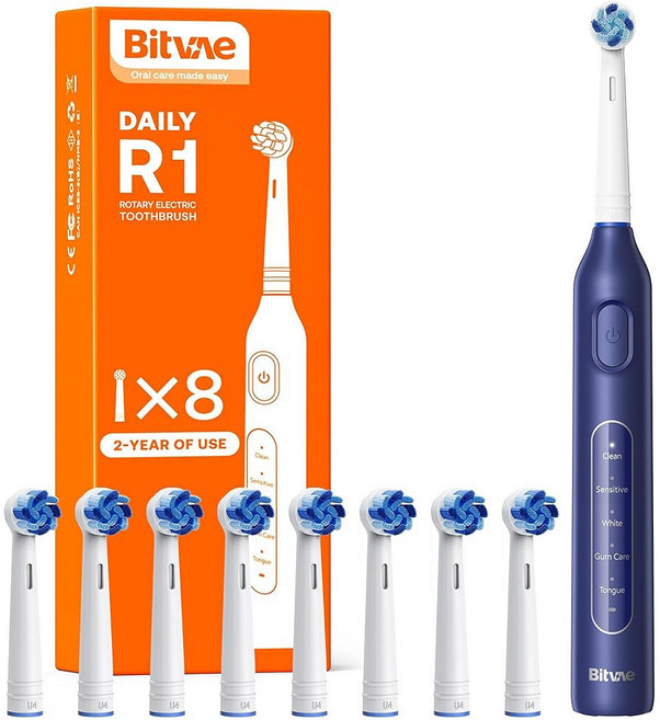 어른과 아이 위한 8개의 브러시 헤드가 비트바 R1 회전 전동 칫솔 60일 배터리 수명 2분 스마트 타이머가 5가지 모드 충전식 블랙, Dark Blue, 다크 블루