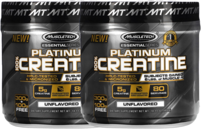 MuscleTechEssential Series Platinum 100% Creatine Unflavored 머슬테크 플래티넘 크레아틴, 400g, 2개