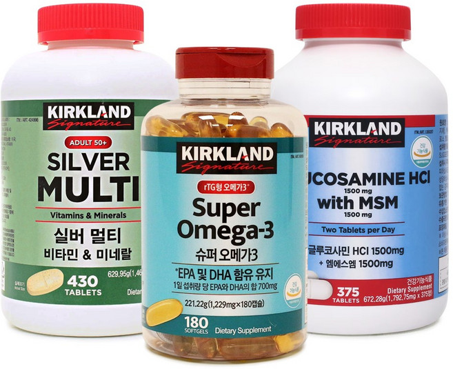 커클랜드 부모님 건강관리 영양제 3종 구성 글루코사민+오메가3+실버멀티비타민