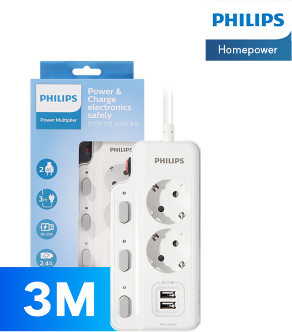 필립스 USB 고용량멀티탭 과부하차단 개별스위치, 화이트 2구 CHP4720WB, 1개, 3m