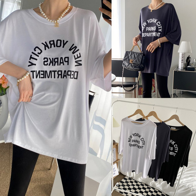 빅사이즈여성의류 뉴욕 파크 루즈핏 티셔츠 실키 레이온 스판 반팔 롱티