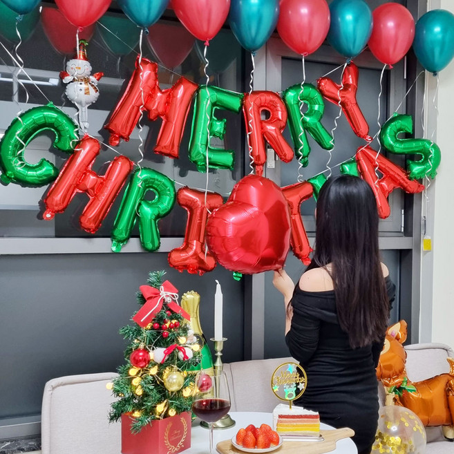 귀여운 토퍼 포함 메리 크리스마스 파티 장식 풍선 세트 소품, 루돌프 홀로그램실버, 레드그린