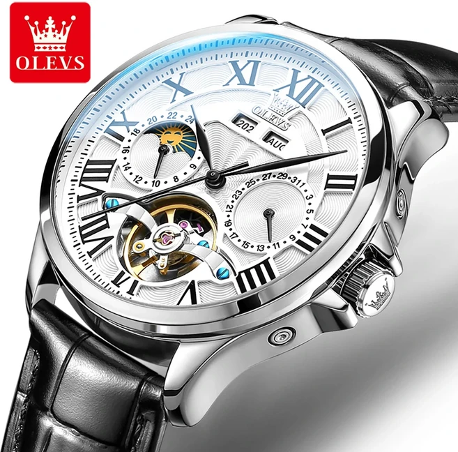 OLEVS 7013 남성용 워치 로마 스케일 속이 빈 스켈레톤 방수 비즈니스 남성 문페이즈 오토매틱 기계식 손목, 01 China Mainland, 03 Leather White