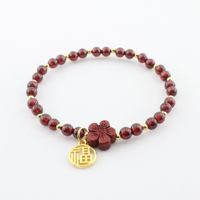 루미모아 천연 가넷 경면주사 복숭아꽃 팔찌 4mm