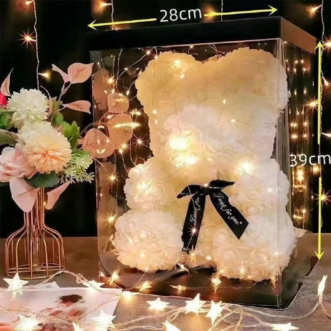 모조 꽃 영생화 선물 장식품 25cm 곰돌이 선물 상자 마음담은집 플라워베어 장미곰돌이 조화 로즈베어 여자친구 선물, 1개, 하양