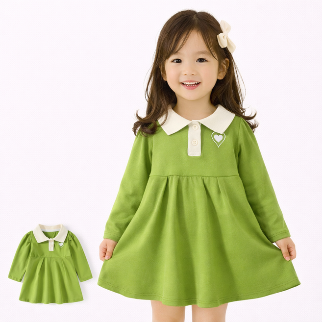 유아 여아 긴팔 카라원피스 하트 자수 배색 A라인 키즈 아동 원피스