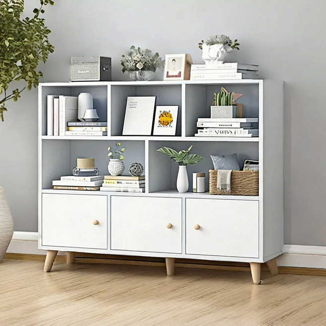 BILIMO 3단 원목 책장 책꽃이 다용도 수납장 3단 수납 선반, 화이트